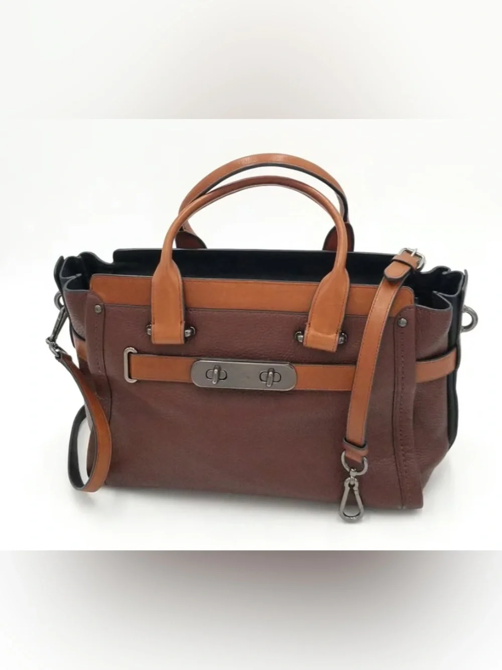 Coach Swagger Saddle & Mahogany Leather Satchel Handbag with Tan Accents medium